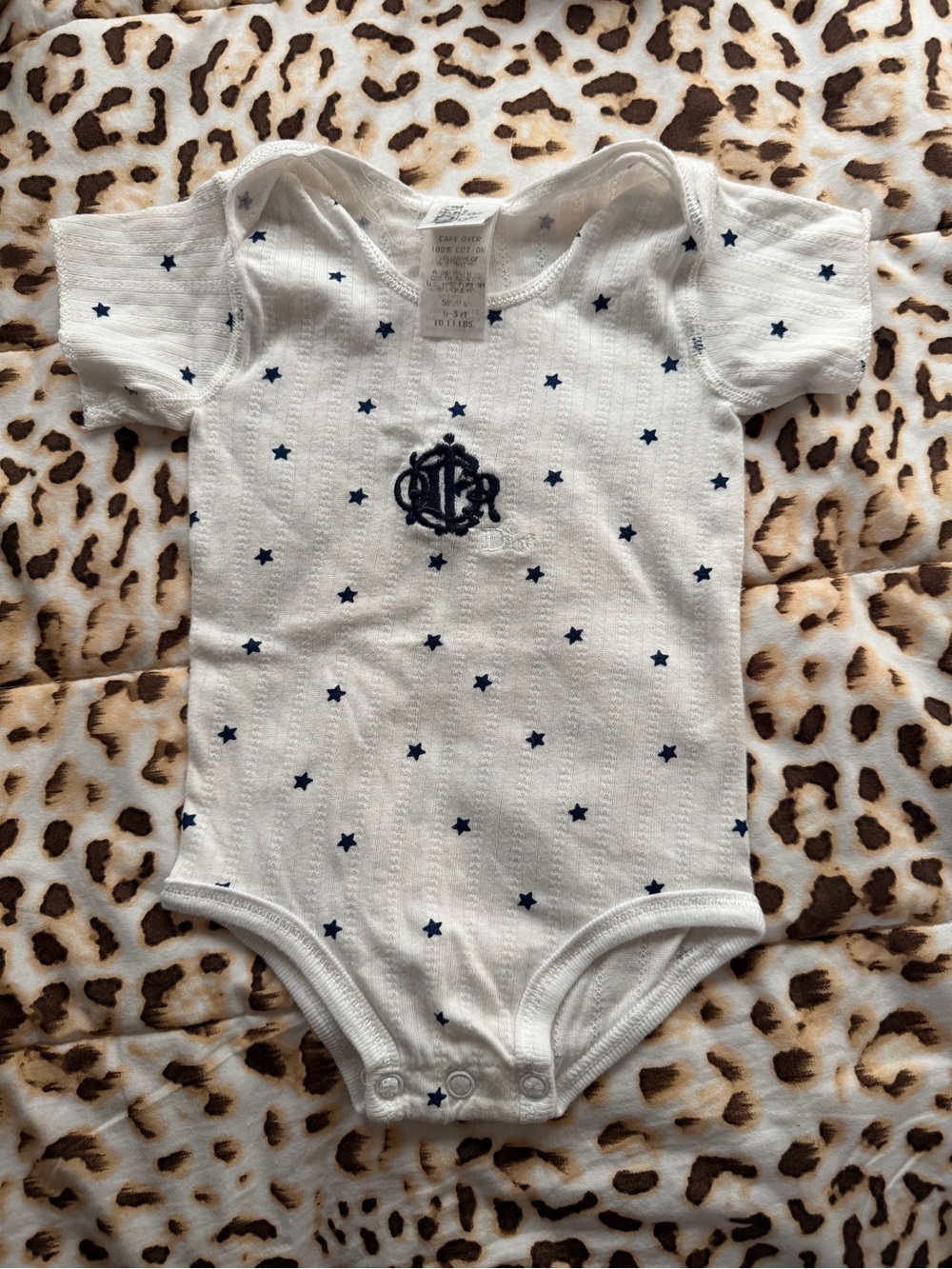 Dior White Short-Sleeve Baby Bodysuit with Navy Stars